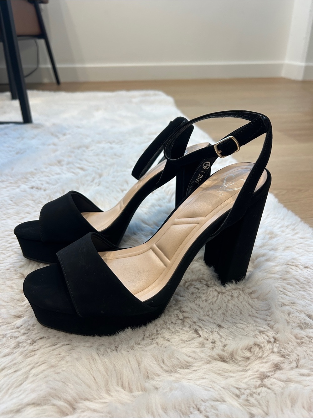 Windsor Black Faux Suede Ankle Strap Platform Block Heels | Size 8.5